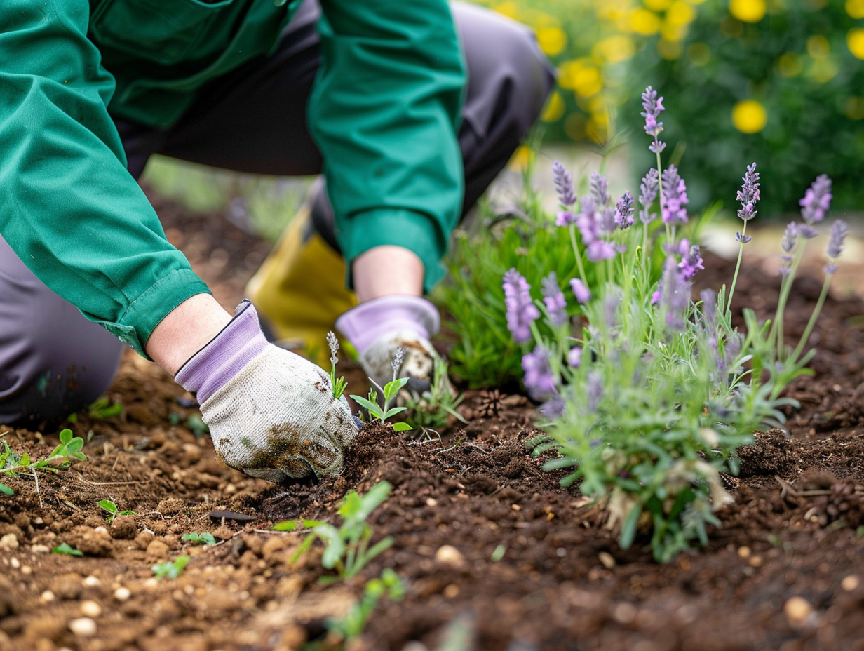 Landscaper planting in branded green workwear