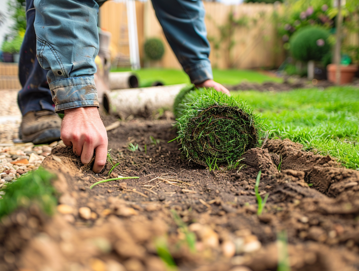 Professional landscaper laying fresh turf