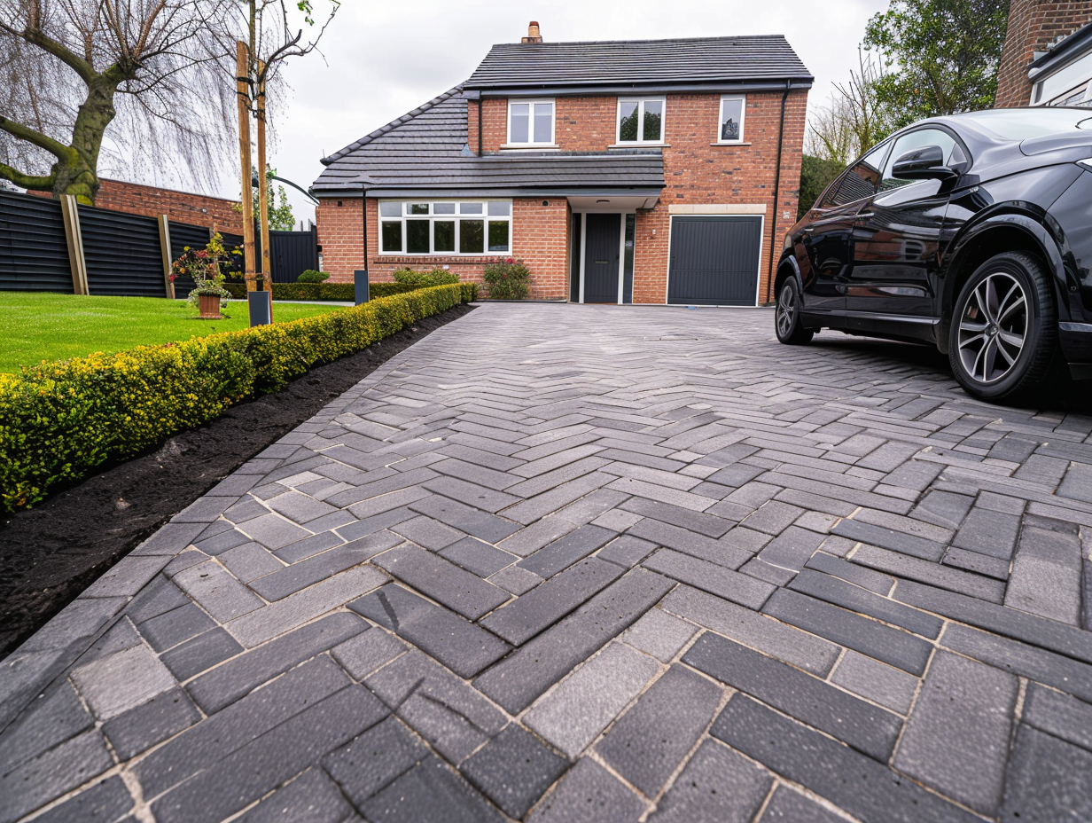 Freshly completed block paving driveway