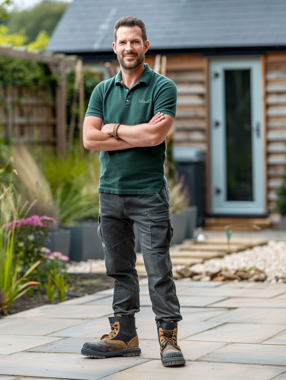 Confident male landscaper in finished garden