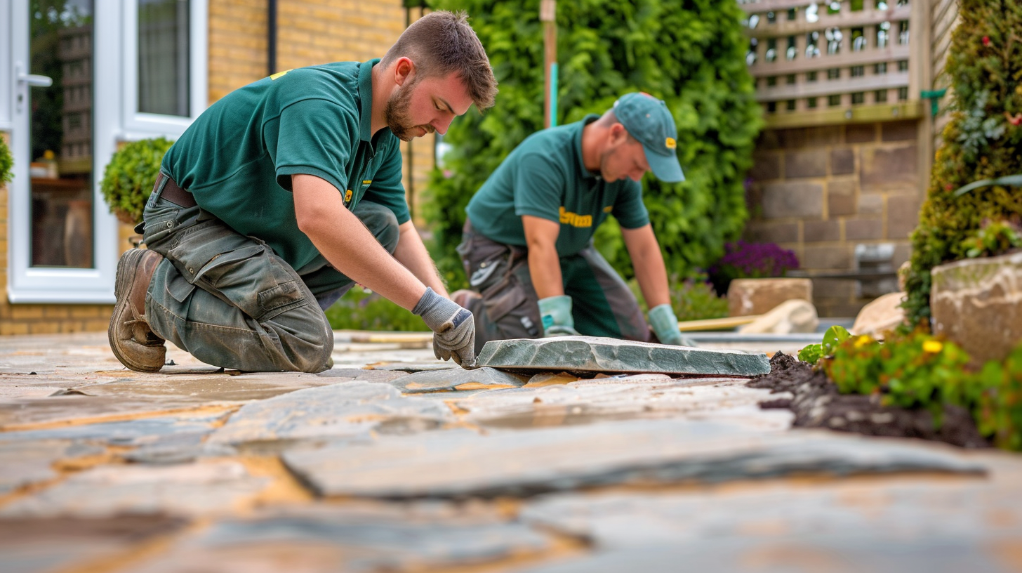 Two landscapers in matching green branded polo shirts